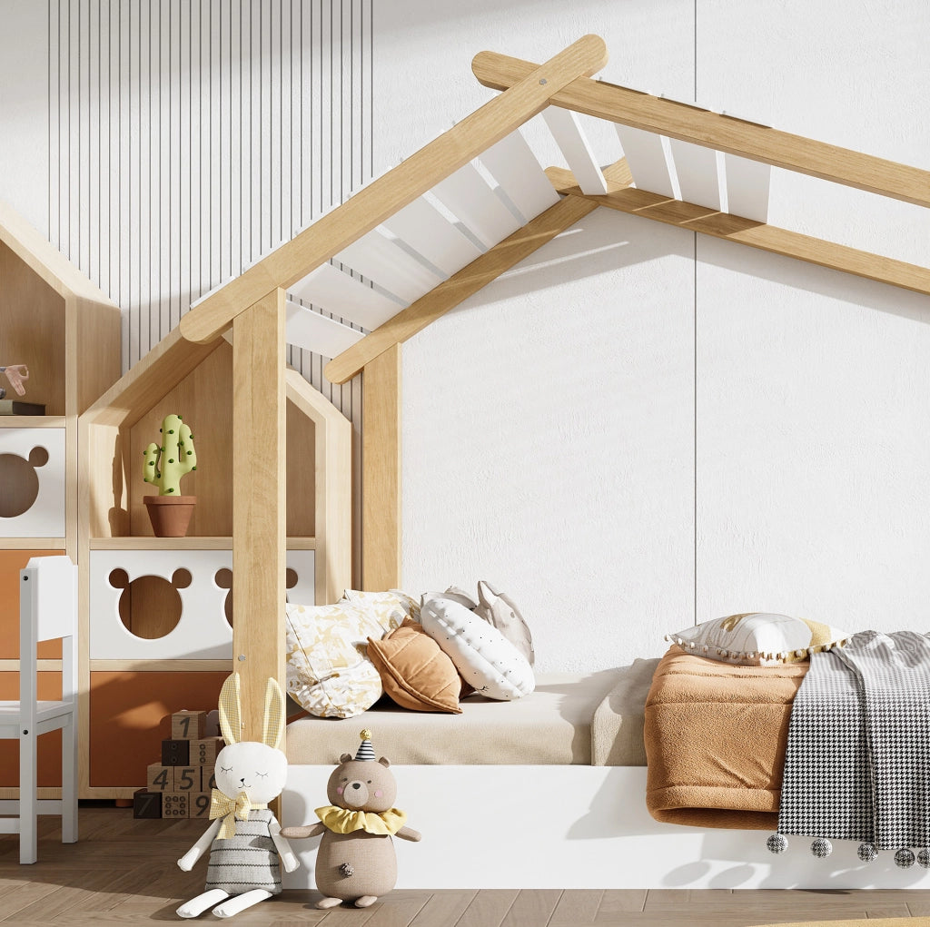 Letto per bambini a casetta 90x200 cm in legno bianco e naturale