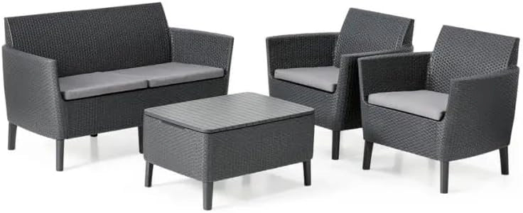Set da Giardino 4 Pezzi in Rattan Sintetico con Cuscini e Tavolino Contenitore Colore Grafite Modello Salemo Lounge Keter