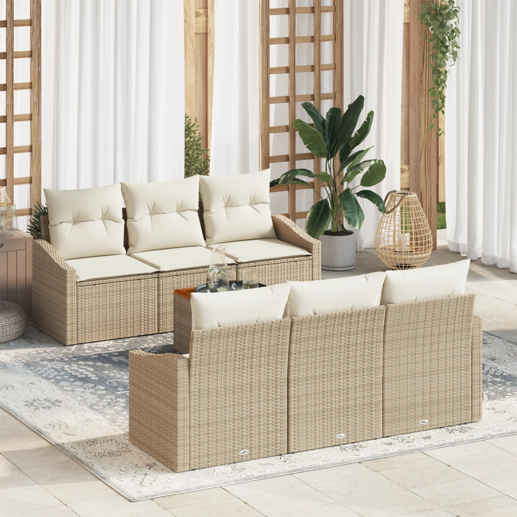 Set Divano da Giardino 7 Pezzi con Cuscini Beige Polyrattan Acacia