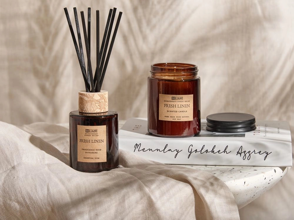 Set di fragranze 100% candela di soia bastoncini profumati diffusore d'ancia confezione di vetro scuro lino fresco Dark Elegance