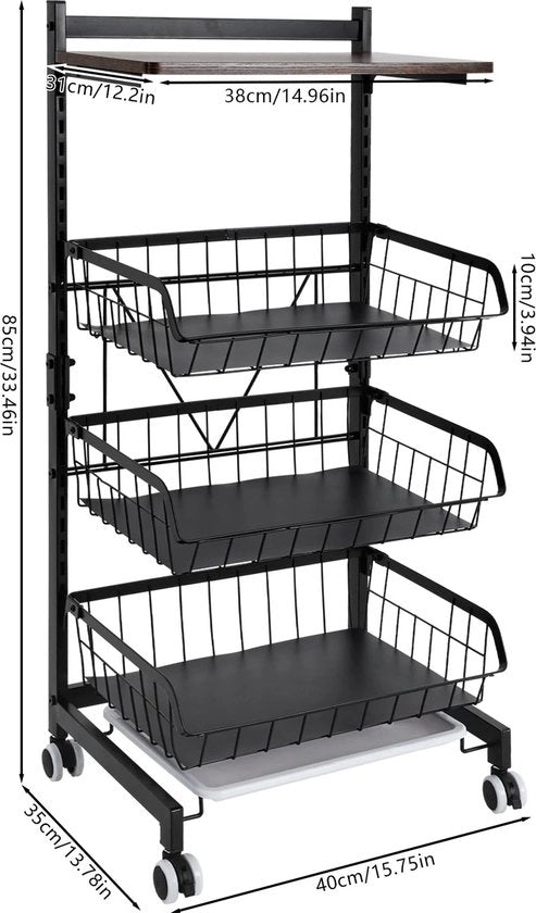 Trolley da Cucina su Ruote - 4 Livelli - Metallo - Comparto di Stoccaggio - Trolley di Stoccaggio - Nero - 40 x 31 x 85 cm