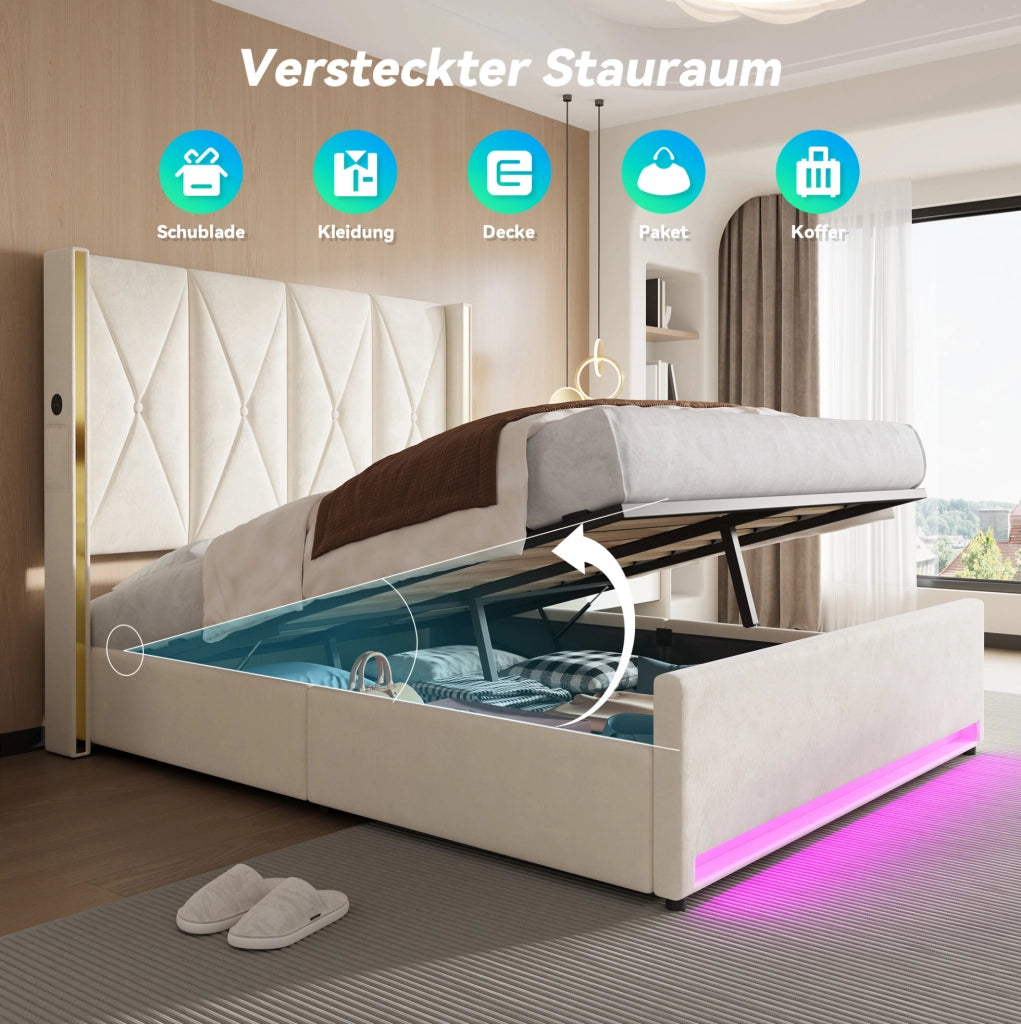 Letto contenitore 160x200 cm beige in velluto con LED e USB