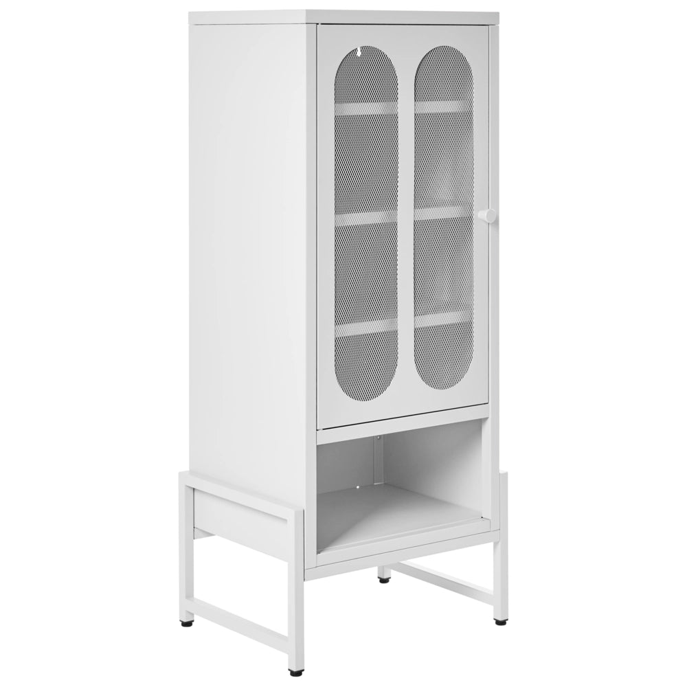 Credenza industriale moderna in acciaio con 1 anta ovale traforata e ripiano colore bianco industriale home office
