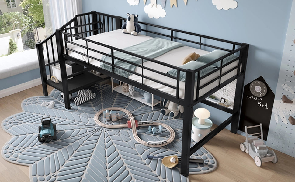 Letto alto semialto nero con scala contenitore in MDF e metallo 90x200 cm