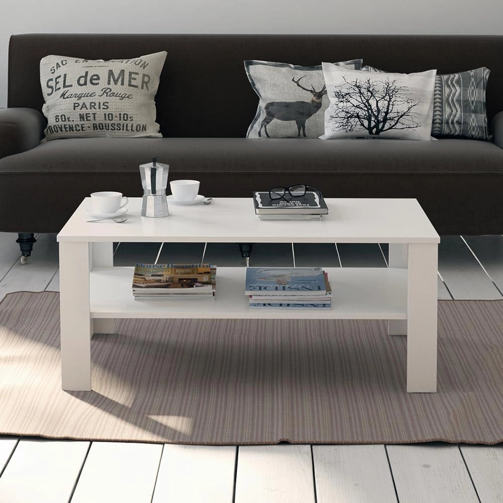 Tavolino da salotto, Bianco, 100 x 60 cm, con vano aperto per la conservazione di riviste