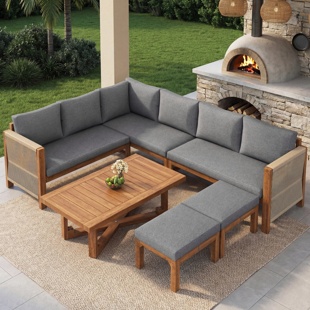 Set Divano Angolare da Giardino 6 Posti in Legno Acacia con Cuscini e Tavolino ¨C MINIMAL ¨C Beige