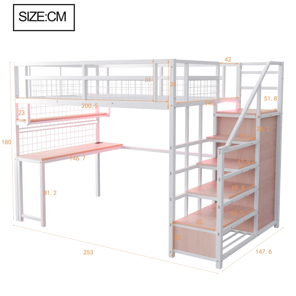 Letto a soppalco in metallo 140x200 cm bianco con scrivania; scaffale; scala contenitore e luce