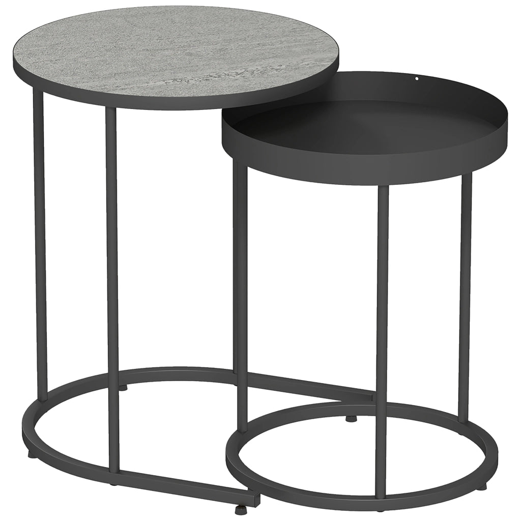 Set 2 Tavolini da Salotto Impilabili in Stile Industriale Ø42x54 cm e Ø36,5x48,5 cm in Legno e Metallo Grigio e Nero