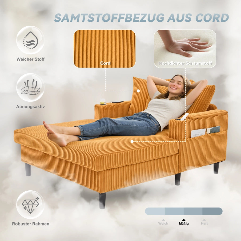 CHAISE LONGUE 129x170x70 cm in velluto corduroy senape con 2 pacchi