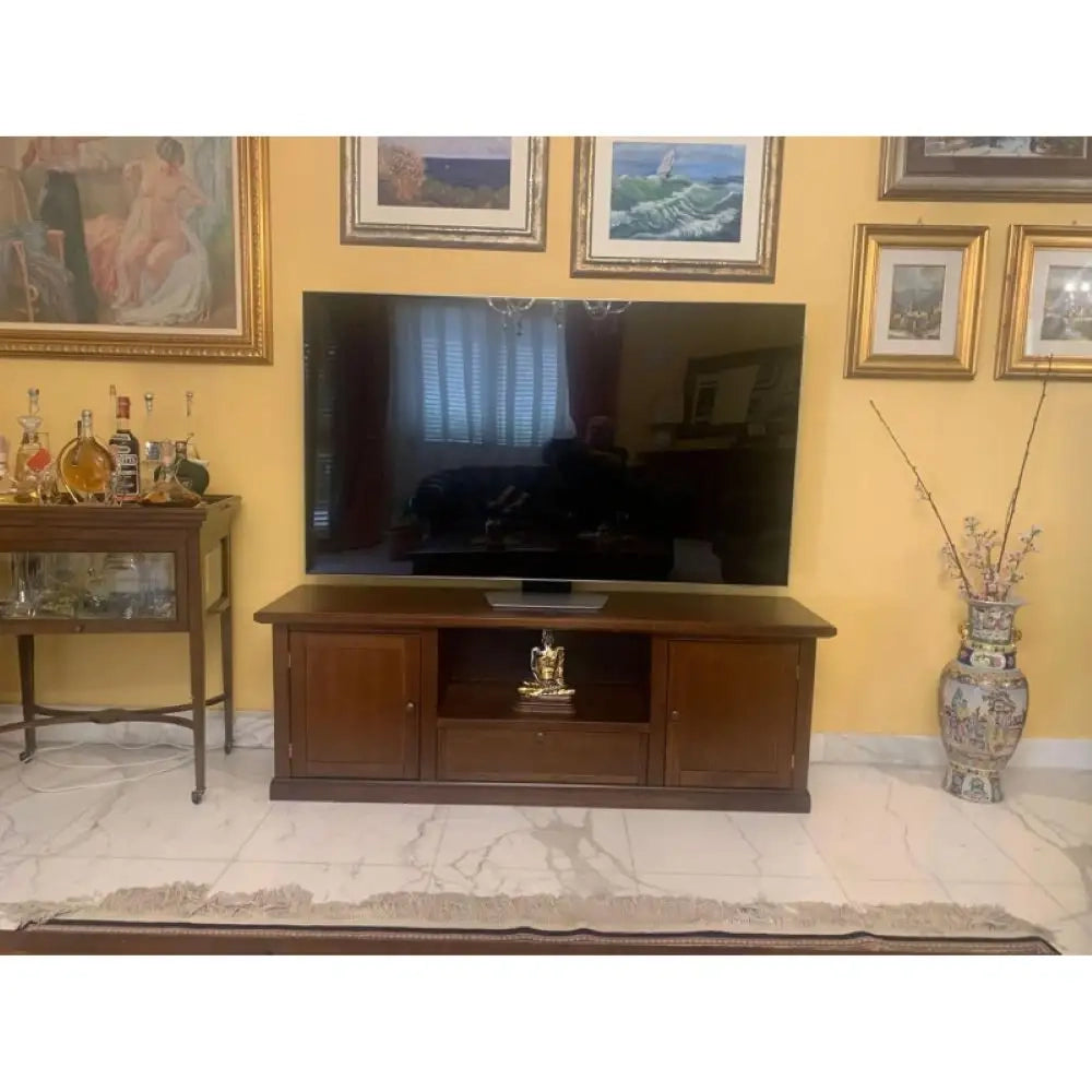 Mobile porta tv 2 ante 1 cassetto arte povera in legno massello e mdf con rifinitura in noce 160x45x56 H