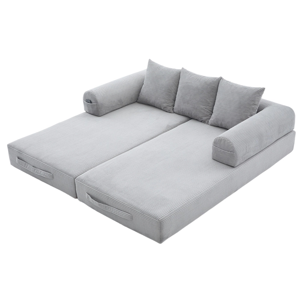 Divano modulare in tessuto a coste con tasca laterale e 3 cuscini; 200x94x67 cm; grigio chiaro