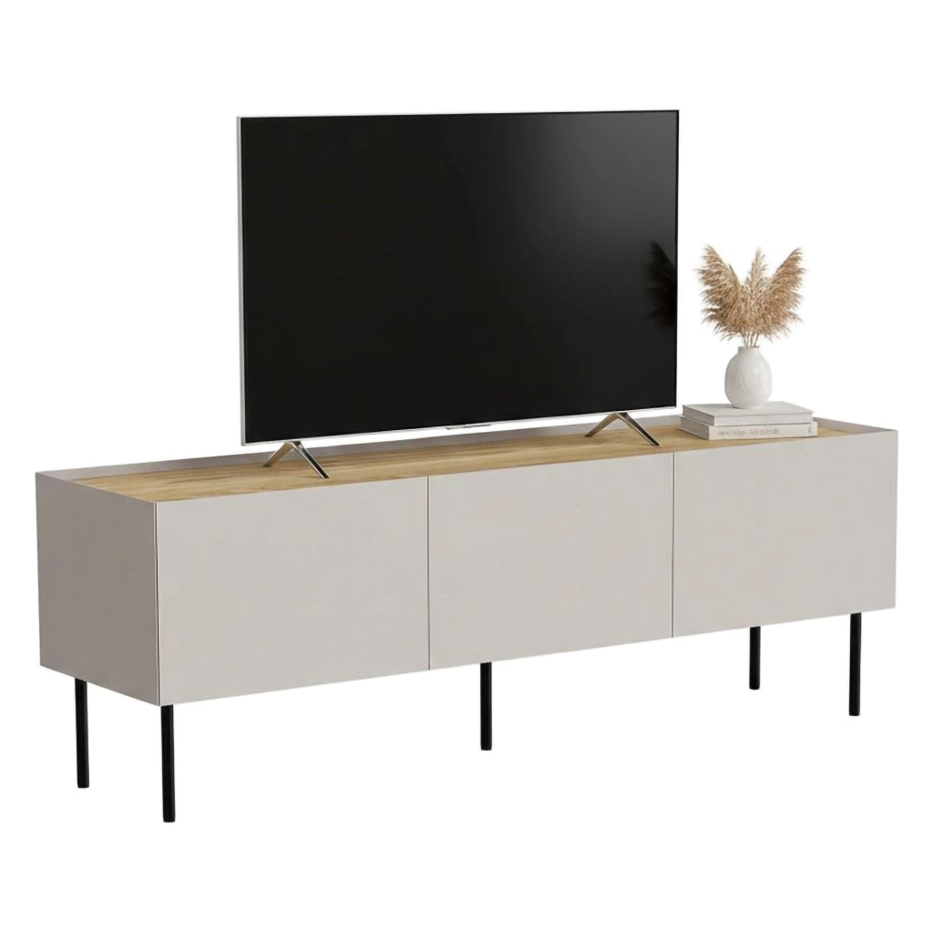Mobile porta TV Calanna, Madia da salotto con tre ante battenti e tre vani interni, Rialzato da terra, 150x40 h52 cm, Beige e Rovere