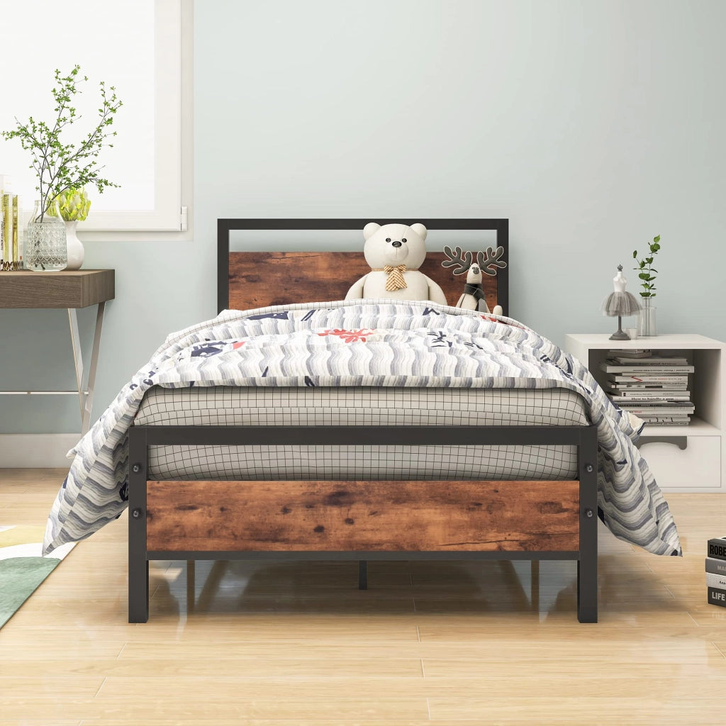 LETTO Singolo 90x200 cm in MDF e metallo con rete a doghe e vano sottoletto marrone