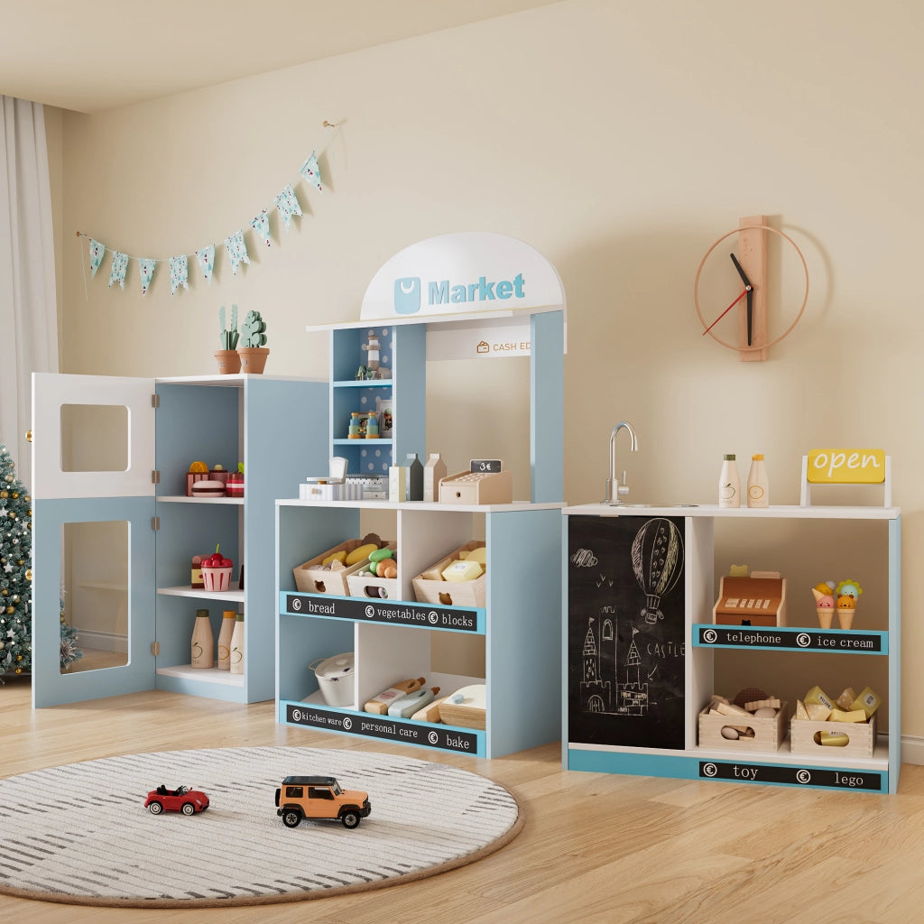 Cucina giocattolo per bambini con scaffali frigorifero lavagna cancellabile banco laterale e rubinetto in MDF blu