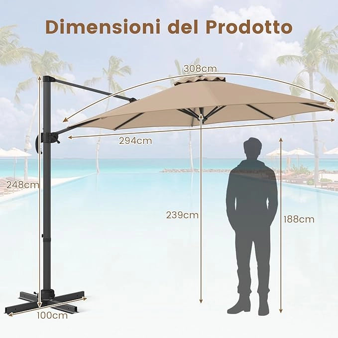 Ombrellone da Esterno 294 cm, Ombrellone con Rotazione a 360°, 5 Angoli di Inclinazione Regolabili, Base a Forma di Croce, 8 Stecche, Ombrellone per Giardino, Piscina, Cortile