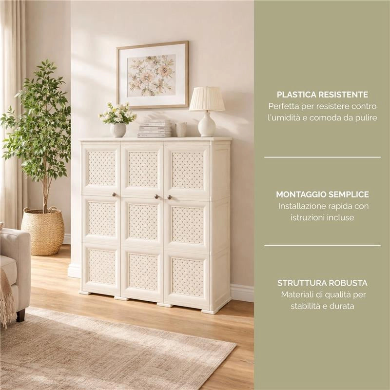ARMADIO 3 ANTE ANGORA 118X43X125 CM CON PUNTALI E ANTE TRAFORATE – MOBILE ALTO DECORATIVO PER ZONA GIORNO E INGRESSO