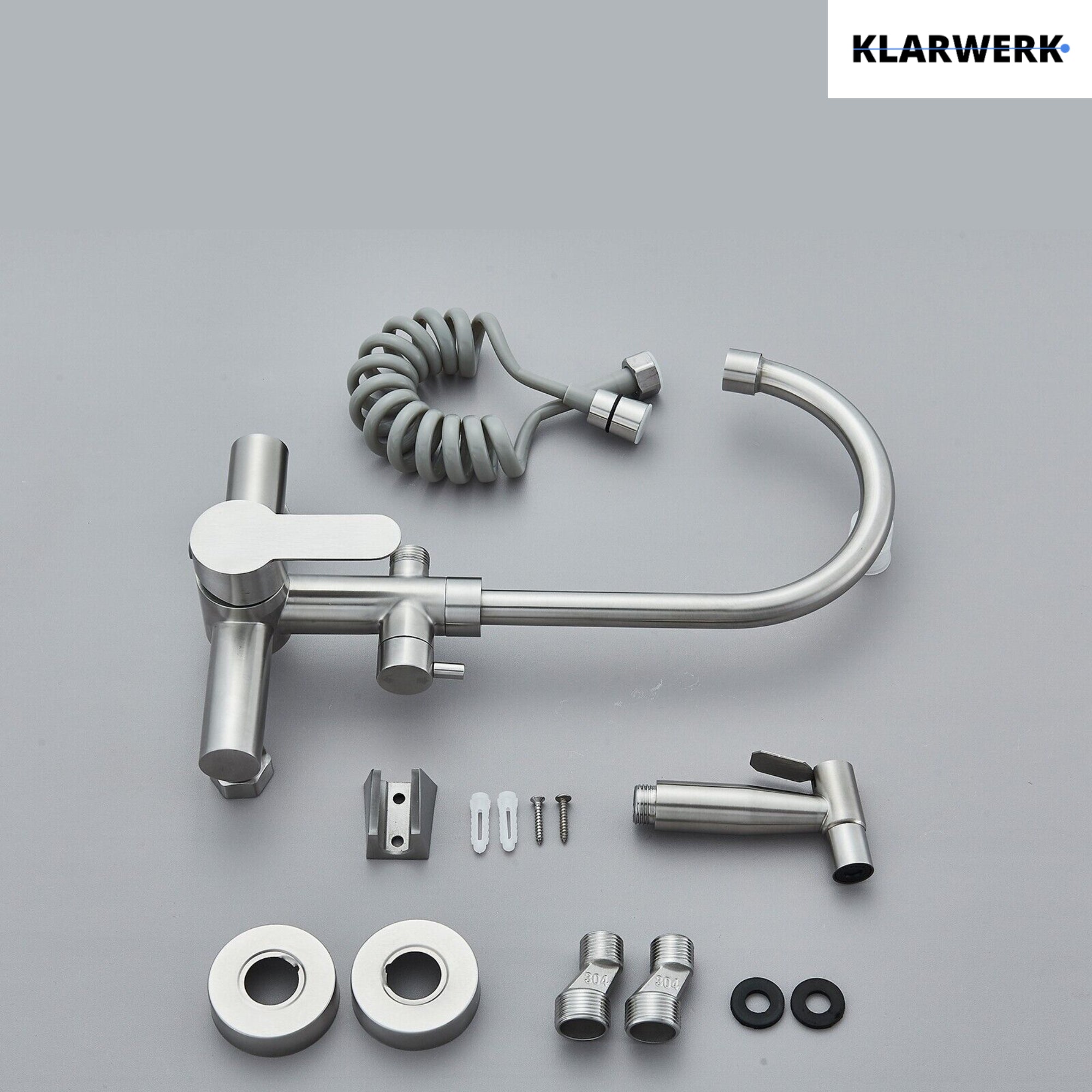 JULIE | rubinetto miscelatore da parete catering argento | professionale da cucina in acciaio inox con doccetta | ristorante da parete bocca alta