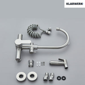 JULIE | rubinetto miscelatore da parete catering argento | professionale da cucina in acciaio inox con doccetta | ristorante da parete bocca alta