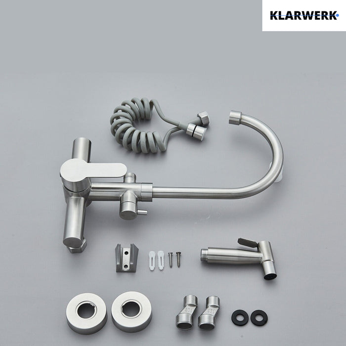 JULIE | rubinetto miscelatore da parete catering argento | professionale da cucina in acciaio inox con doccetta | ristorante da parete bocca alta