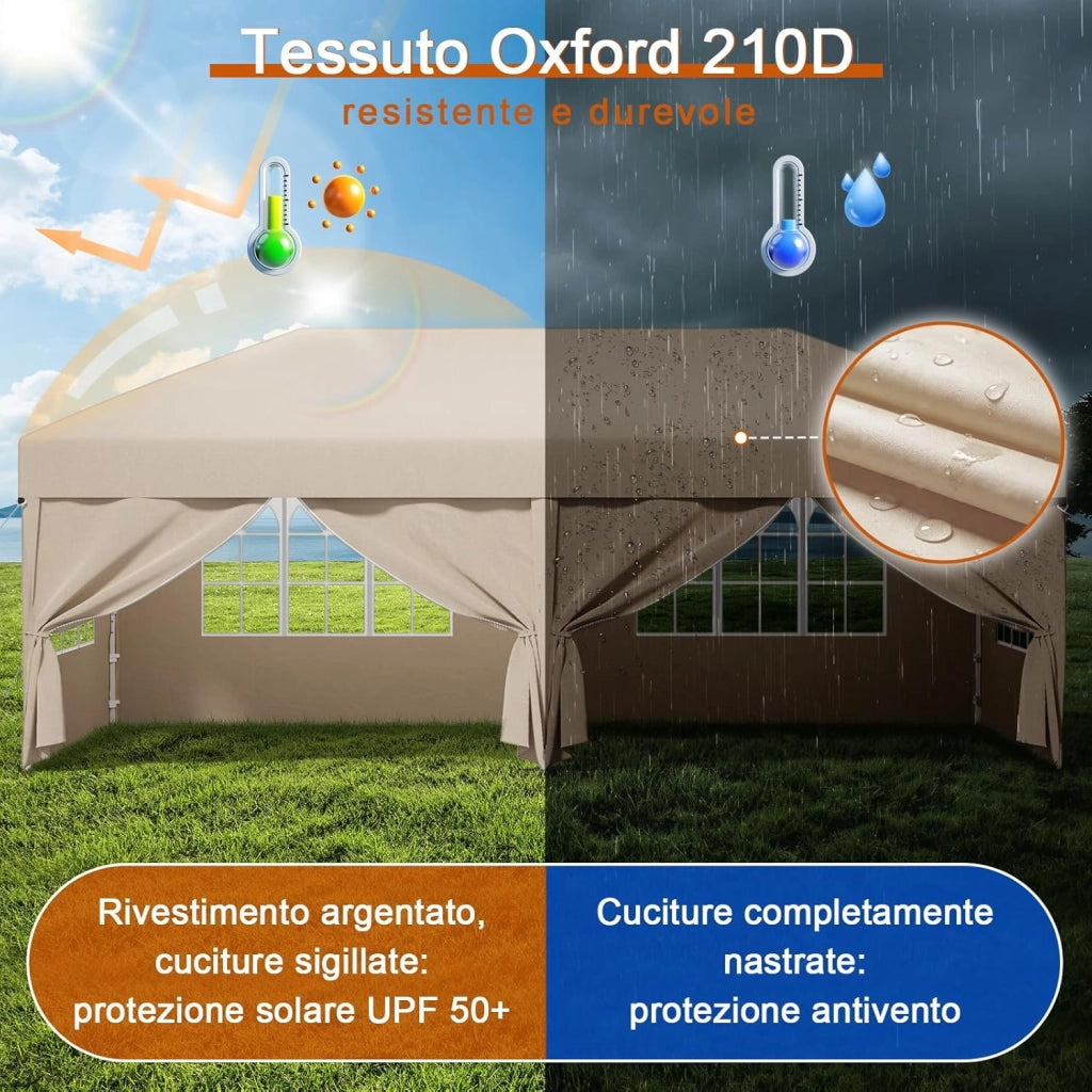 Gazebo 3x6 Pieghevole Impermeabile, Tenda Pop Up Pieghevole con 6 Pareti Rimovibili, Gazebo Pieghevole con 3 Altezze Regolabili Protezione UV 50+ per Giardino, Terrazza, Campeggio (Beige)
