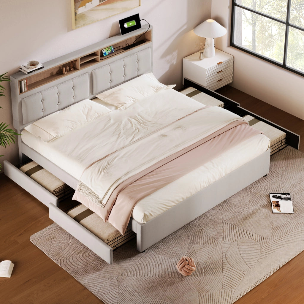 LETTO imbottito 160x200 cm in lino beige con 4 cassetti e testiera regolabile