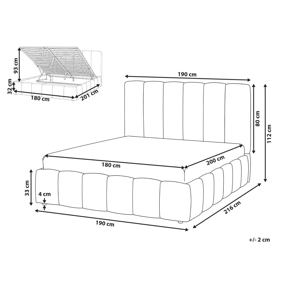 Letto matrimoniale contenitore con trapuntatura verticale in tessuto bianco sporco 180x200 cm struttura sollevabile e testiera alta