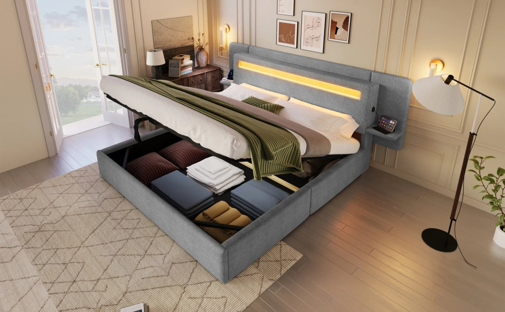 Letto imbottito 180x200 cm con contenitore ad alzata idraulica; LED multicolore e USB; grigio