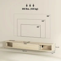 Mobile TV Sospeso con Cassetto Ribaltabile, 2 Ripiani Aperti e Gestione Cavi 140x24x16 cm Legno naturale