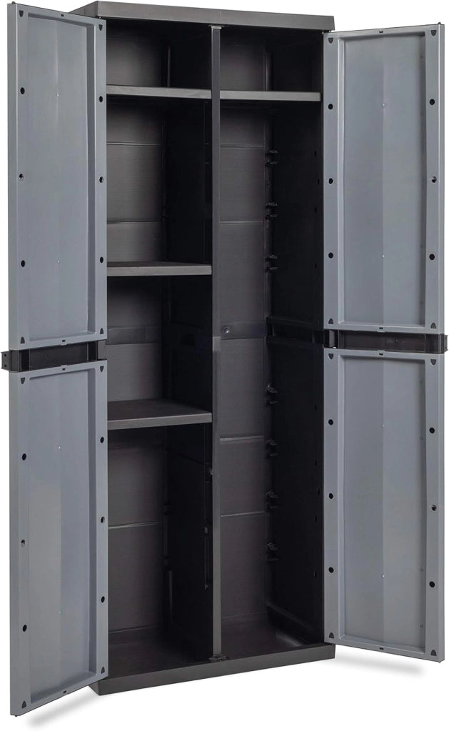 Armadio portascope 2 ante con vano attrezzi e 4 ripiani regolabili in resina colore nero e grigio basalto 65x37x165 cm Toomax