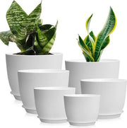 Set di 2 vasi in plastica per piante per interni - vasi per piante moderni con fori di drenaggio - 25/23/20/18/16/13 cm - piattini - bianco