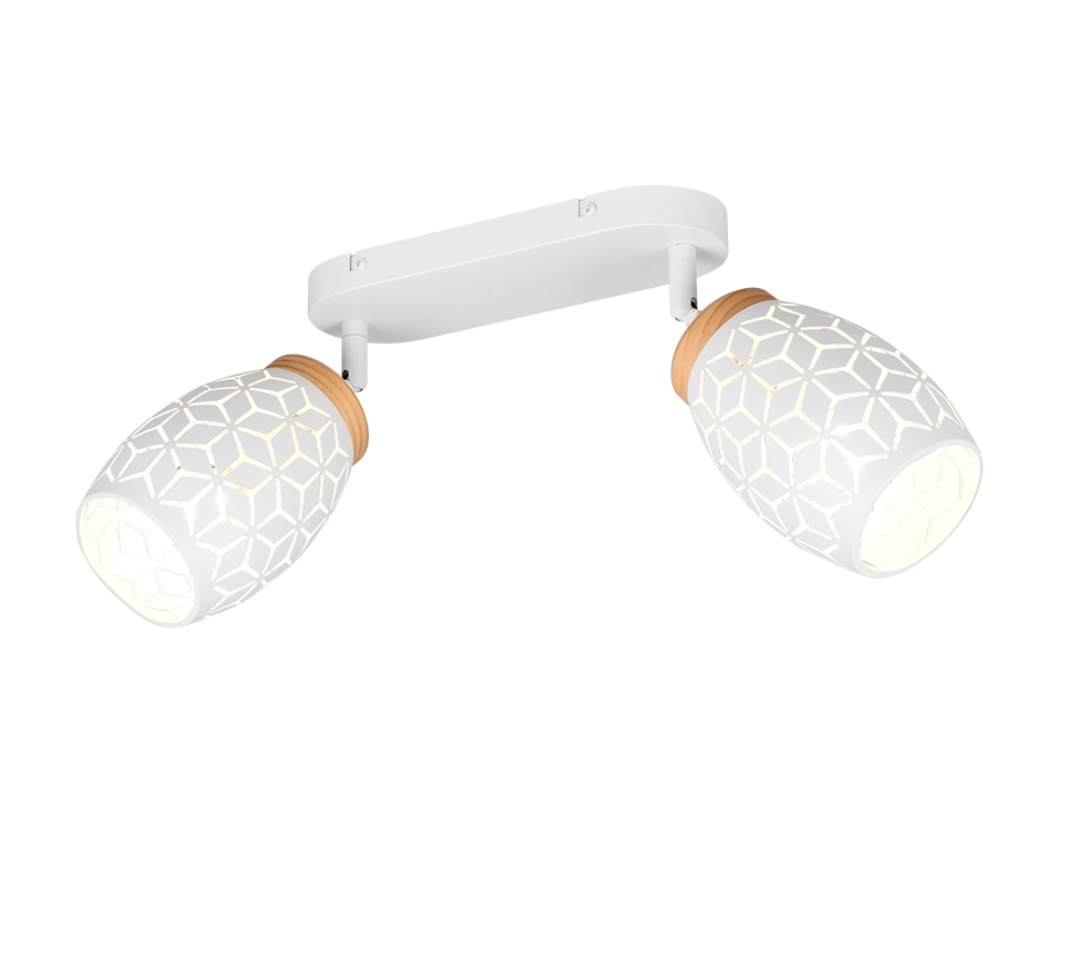 Barra 2 spots, metallo, bianco e legno, L 28 cm, Bidar