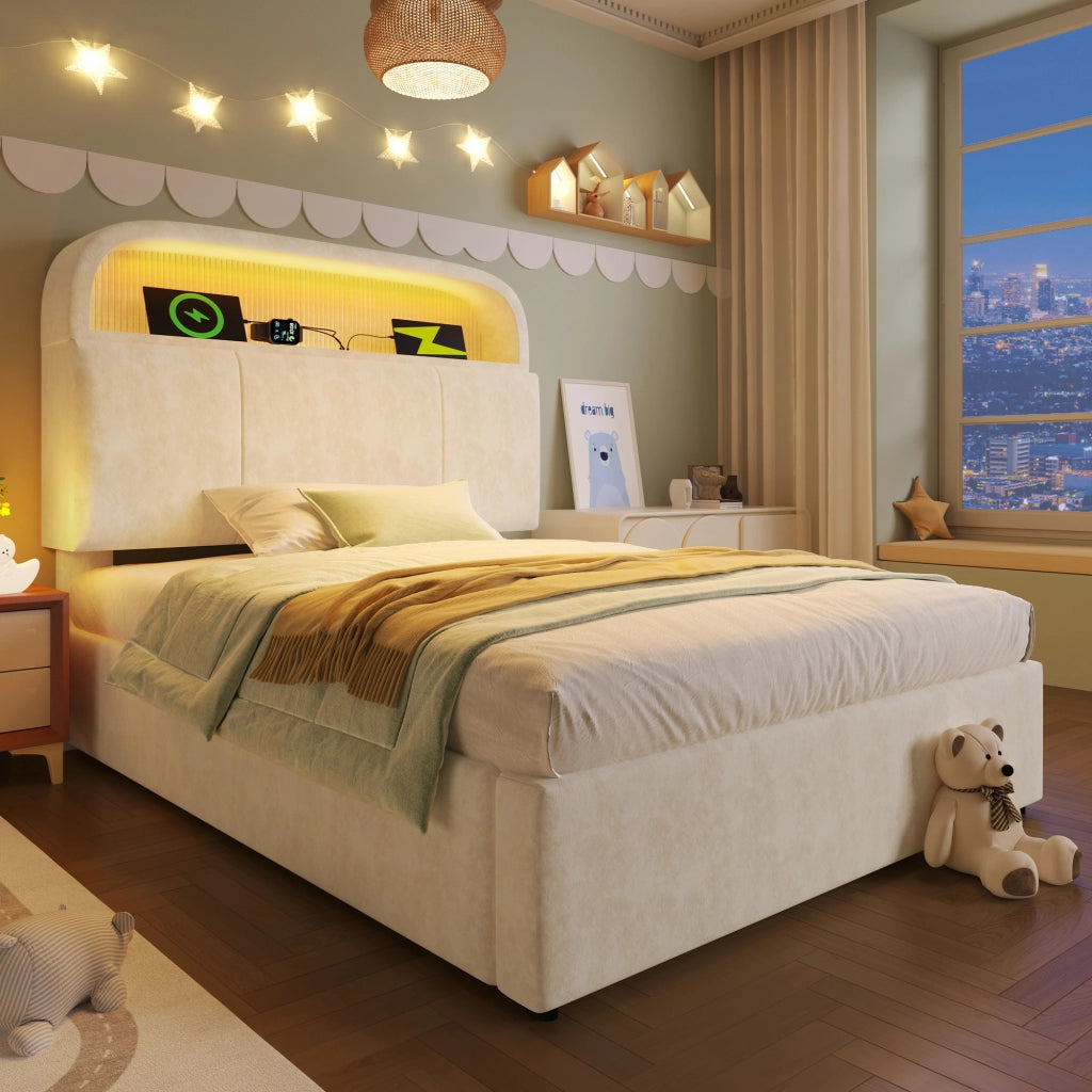 Letto Contenitore 90x200 cm - Testiera Regolabile; LED; USB e Ripiano - Beige