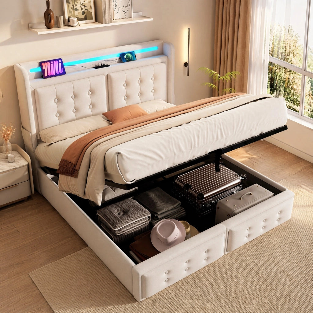 Letto matrimoniale 160x200 beige con LED, prese USB-C e contenitore