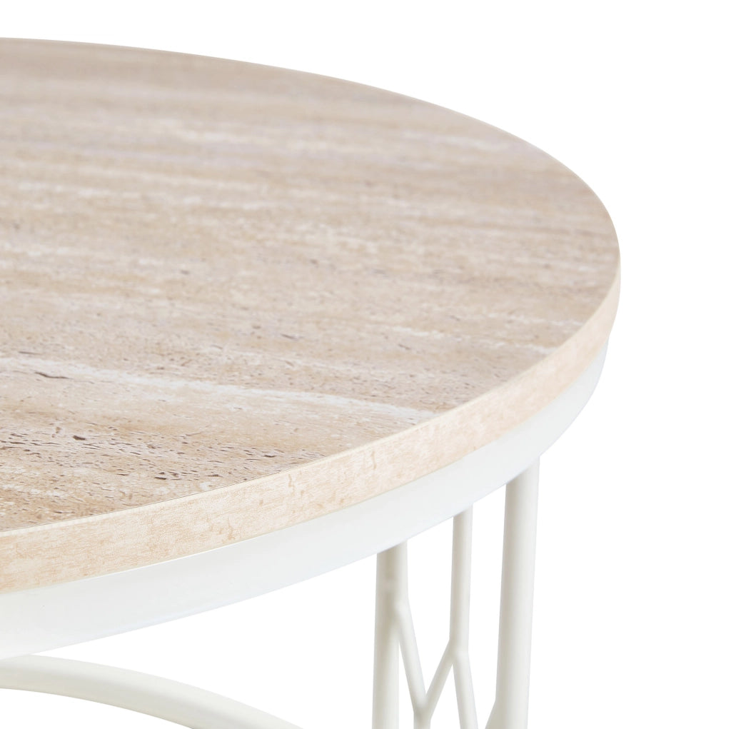 Tavolino rotondo da caffè ?70 cm in MDF effetto legno e acciaio; bianco