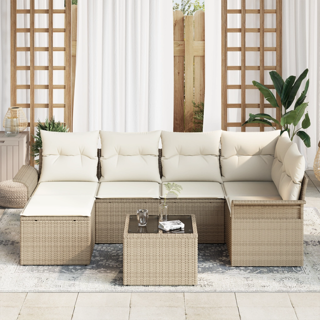 Set divano da giardino 7 pezzi con cuscini in polirattan marrone