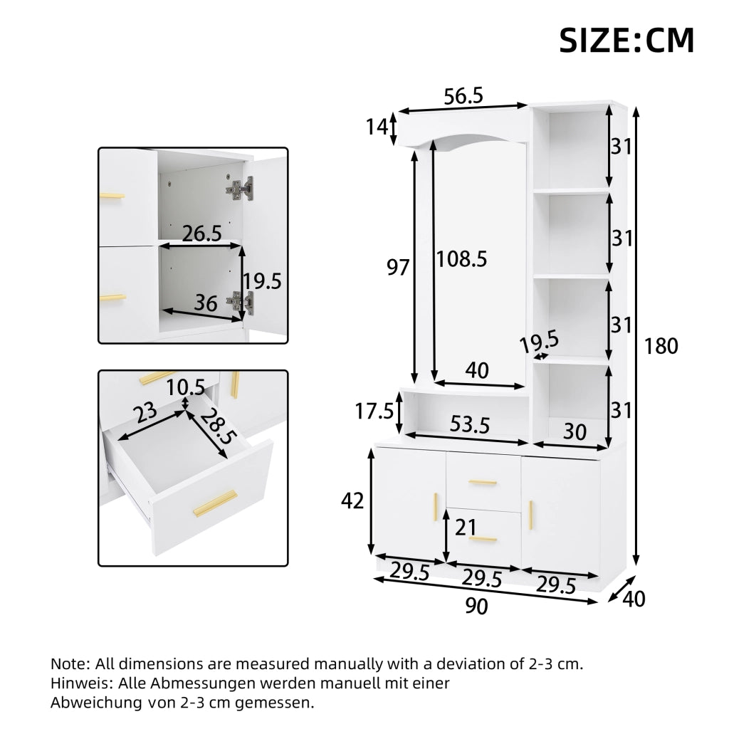 Mobile Ingresso con Scarpiera e Specchio ¨C MINIMAL ¨C Bianco, 2 Cassetti, 2 Ante, 90x40x180 cm