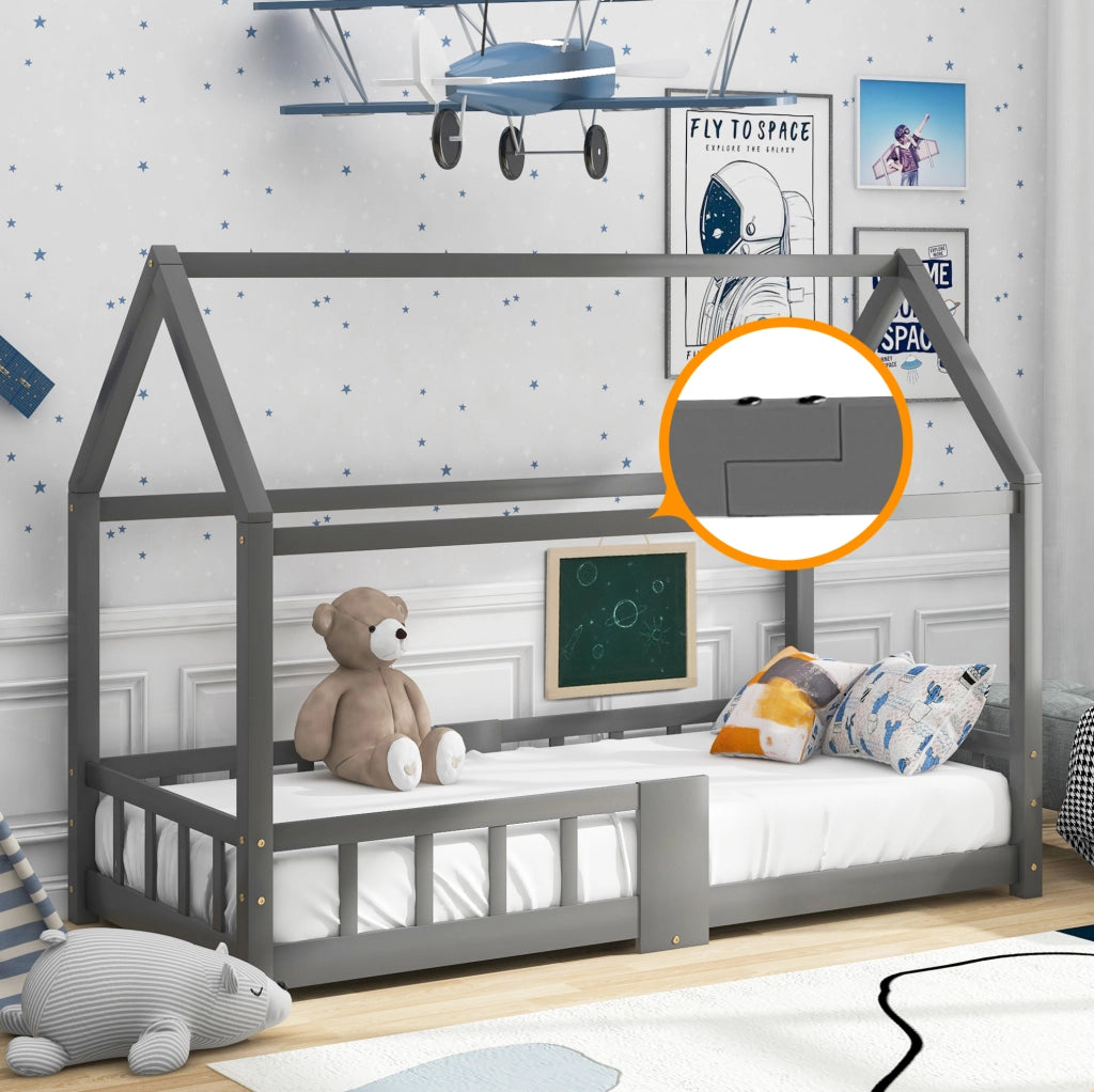 Letto a casetta per bambini 90x200 cm con lavagna e protezione anticaduta; legno grigio
