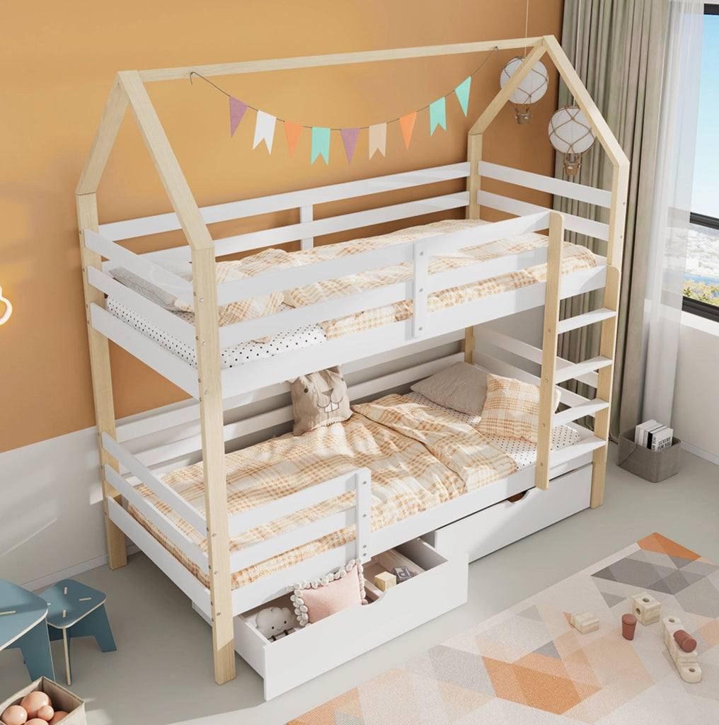 Letto a castello bambini 90x200 cm con cassetti bianco rovere