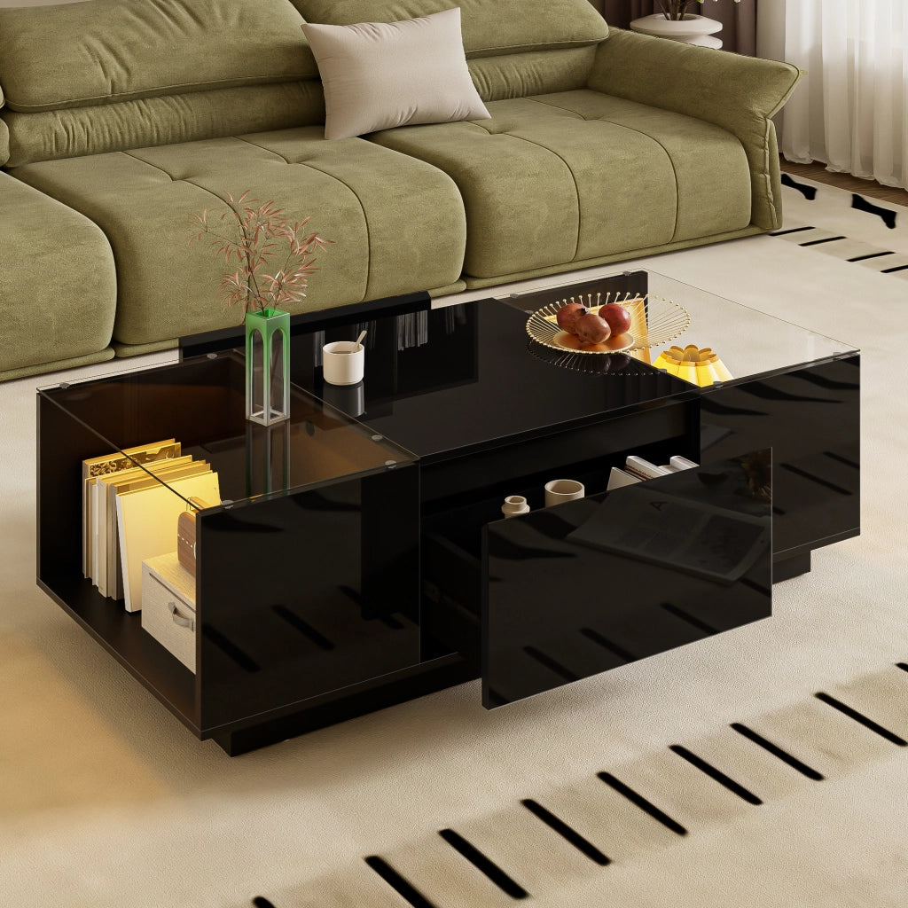 Tavolino da Caffè con 2 Cassetti e 2 Vani Aperti con LED Bluetooth; Piani in Vetro; Lucido e Opaco; 105×50×35 cm; Nero