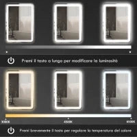 Specchio Bagno con Interruttore Touch, Luce LED a 3 Temperature e Antiappannamento, 70x50cm