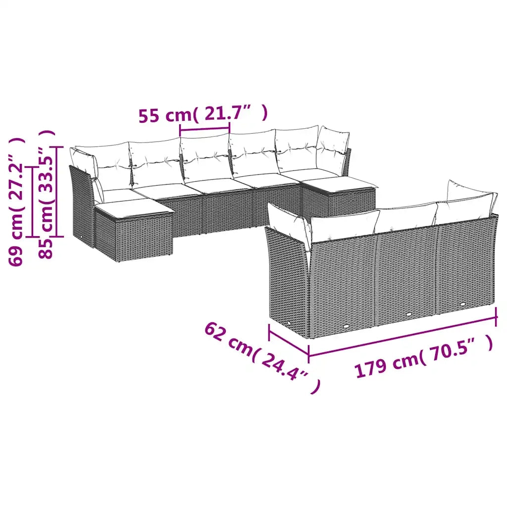 Set Divani da Giardino 10 pz con Cuscini Marrone in Polyrattan 3218334