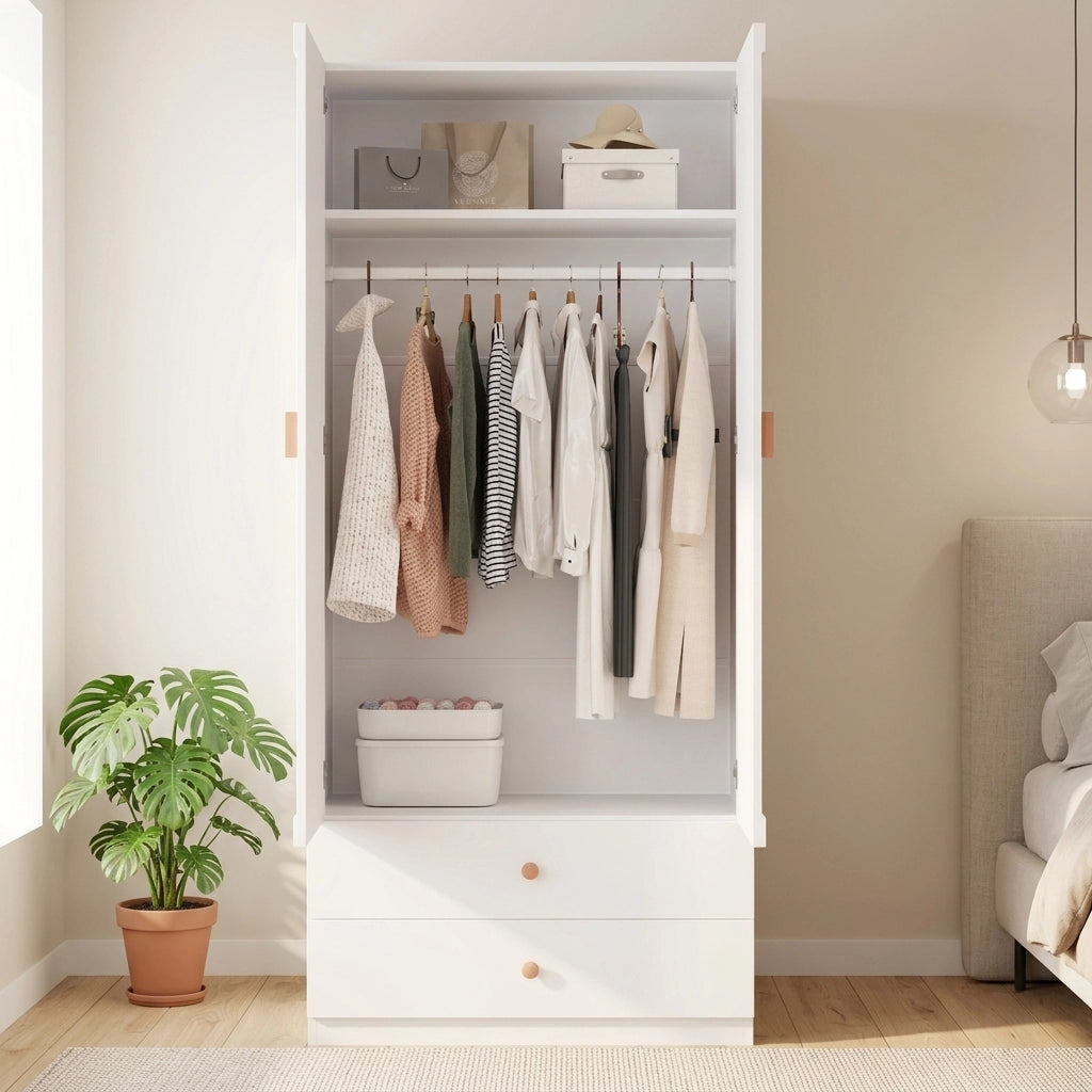 Armadio 90x45x200 cm con 2 cassetti e asta appendiabiti in legno MDF e acciaio bianco