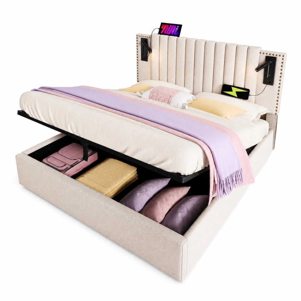 Letto matrimoniale 160x200 cm con contenitore; testiera regolabile con luci da lettura e porte USB; beige
