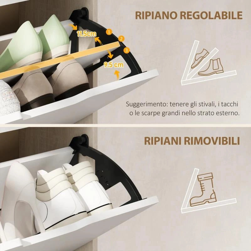 SCARPIERA SALVASPAZIO SLIM A 4 CASSETTI PER 20 PAIA DI SCARPE 62.5X26X156 CM, COLOR LEGNO E BIANCO