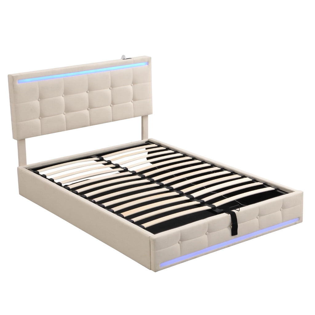 Letto matrimoniale imbottito LED 140 x 200 cm con contenitore e USB beige