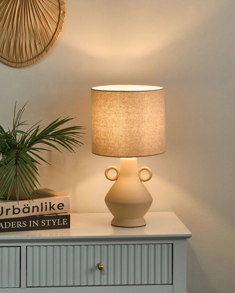 Lampada da tavolo Beige Base in ceramica Tessuto con paralume strutturato Luce d'ambiente a tamburo
