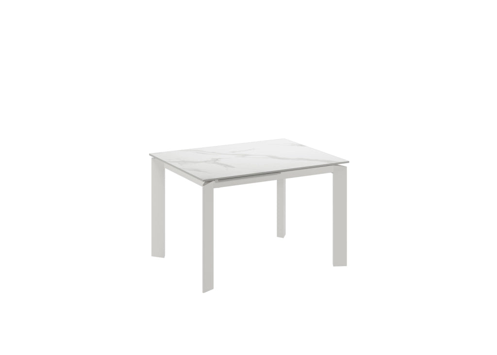 Tavolo da pranzo allungabile Frame - Top in ceramica marmo bianco opaco e struttura in metallo bianco, design moderno 120-170 cm