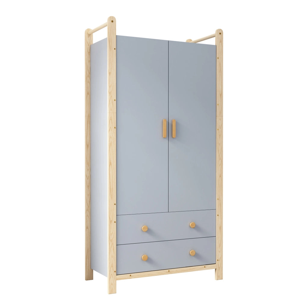 Armadio con 2 ante e 2 cassetti, barra appendiabiti, in truciolare e pino, per la camera, blu, 90 × 45 × 180 cm