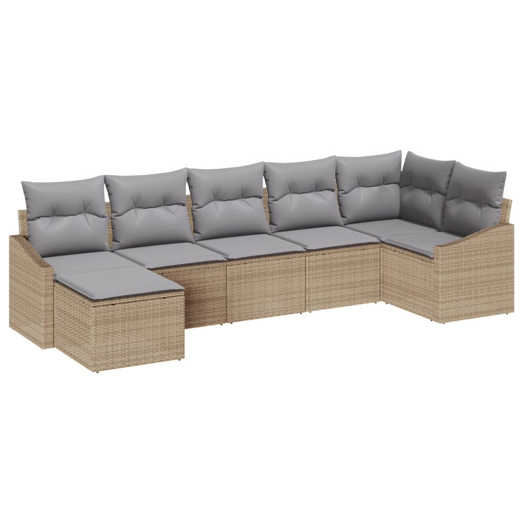 Set Divano da Giardino da 7 Pezzi con Cuscini Beige Polyrattan