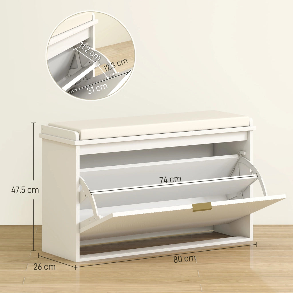 Panca Scarpiera con Ripiano Interno 80x26x47,5 cm in Legno e Tessuto Effetto Lino Bianca e Beige